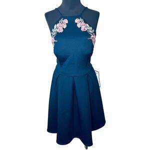 B. Darlin Dress Navy Floral Embroidered Halter Knit Fit & Flare NWT $59 13/14